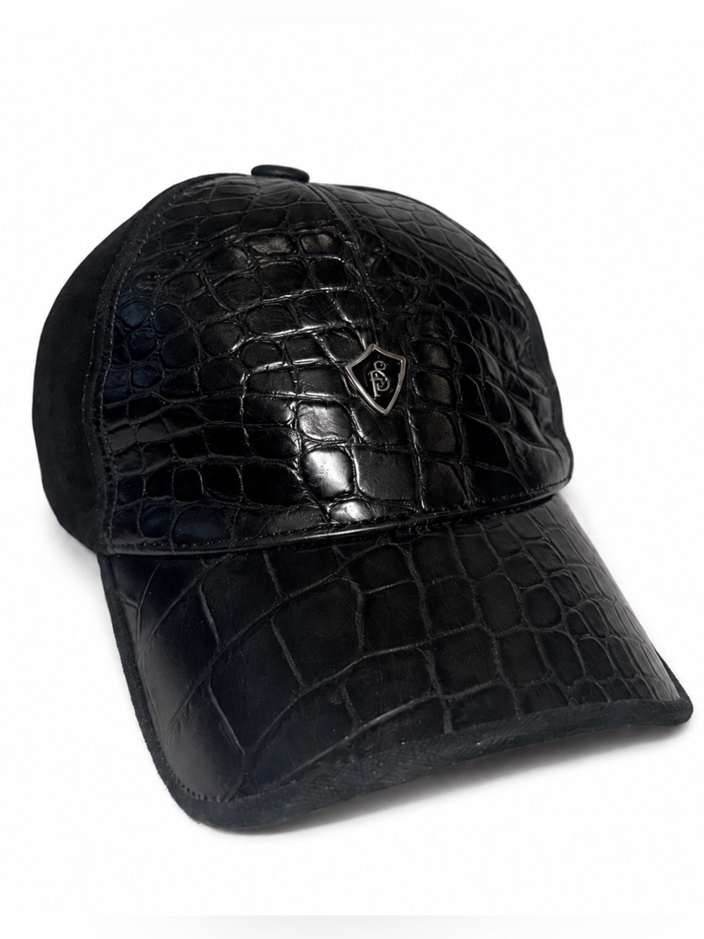 Black Croc-Embossed Leather Baseball Cap